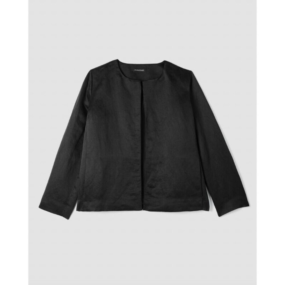 NWT Eileen Fisher Linen Silk Satin Round Neck Jacket Black Sz PM $298 [jb] - Picture 3 of 12
